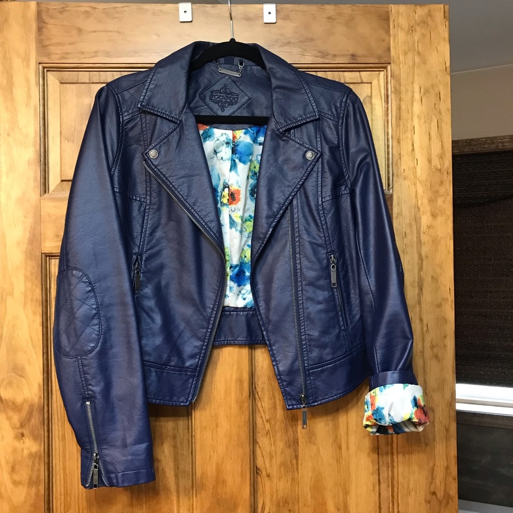 Navy Floral Leather Jacket